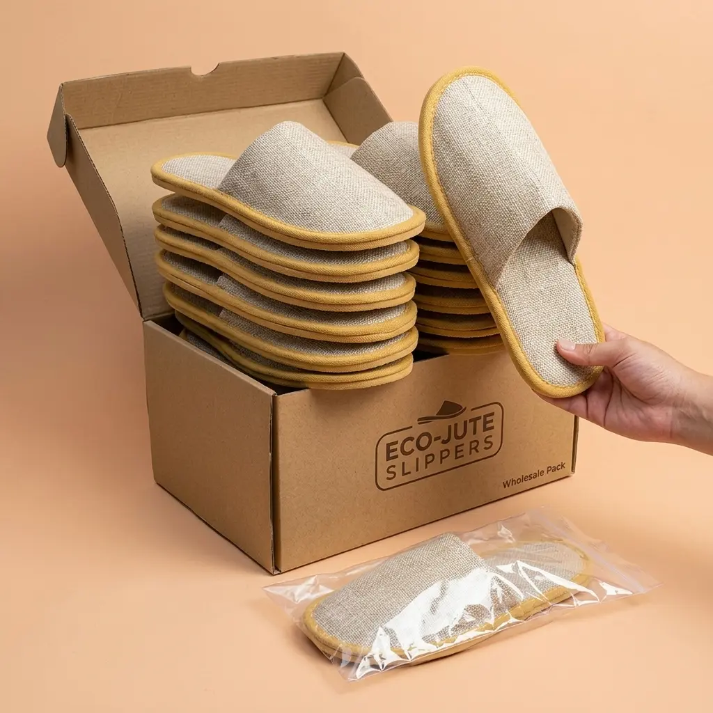 Disposable Linen Slippers Disposable Pack - 20 Pairs, Linen Upper, Yellow Fabric Top Layer, 2mm Sponge Lining, 5mm Willow Grain Rubber Sole, 2cm Khaki Non-Woven Binding, Non-Slip for Hotel Stay, Travel Guests, Indoor Wear, All Seasons