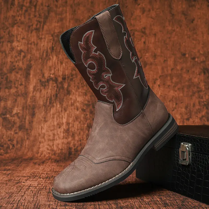 CYUW Waterproof Non-Slip Western Style Men’s Boots Slip-On Casual Thick Sole Mid-Calf Boots for Everyday Wear