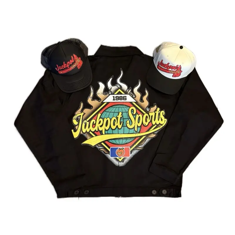 #Mechanics Jacket Black with #DTF transfer on the Front and back.  With a red tomahawk symbol.  Showing off the love of Atlanta Sports! Long Sleeve Outerwear Casual