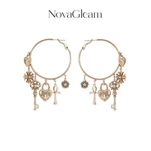 NovaGleam Jewelry Vintage Charm Hoop Earrings for Women, Lock and Key Heart Cross Dangle Skin-friendly Material Hoop Earrings for Daily & Festival Party Wear