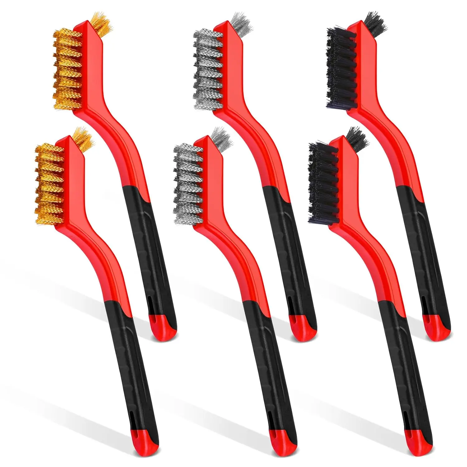 Wire Brush Set, 6 count Brass/Stainless Steel/Nylon Wire Brushes for Cleaning with Curved Handle Grip for Rust Removal, Dirt,  Scrubbing