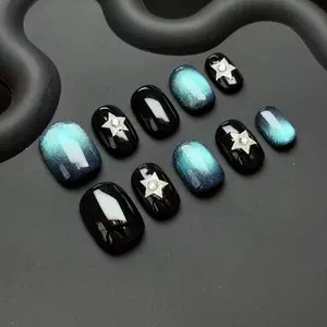 Glossy & Blue Ombre Cat Eye Press on Nails, Silver Color Star Rhinestone, Short Square Fake Nails, Reusable for Daily & Party Wear