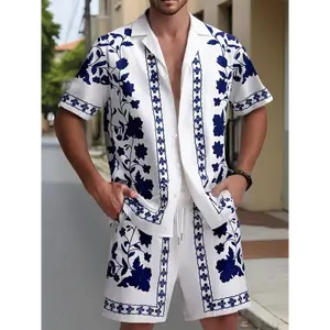 Men's Floral Print Button Front Shirt & Shorts Loungewear Two-Piece Set, Casual Comfy Short Sleeve Top & Menswear, Tropical, Fitted Boho Ethnic Style, Black Blue Royal Blue Suits Gamis Formal Shortsleeve Clothes Elegant