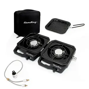 Flame King Campact Cooker™, Dual Burner Propane Camping Stove with Detachable Grill, Portable Foldable Cooking Stove 12,000 BTU, for Camping, Patio, Emergency, Hiking (Black)