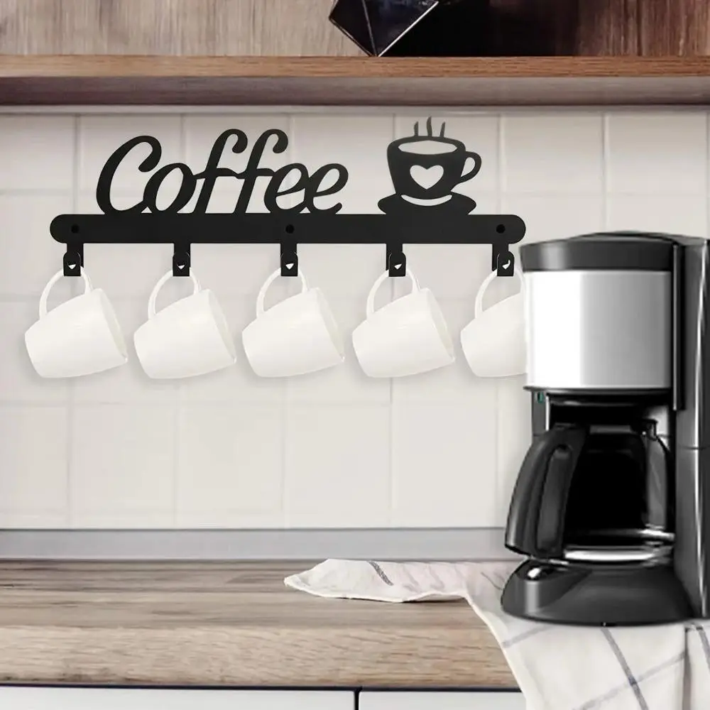 Coffee Cup Holder, Wall Mounted Coffee Mug Organizer, Wall Mount Design, Rustic Metal Cup Holder with Multi-functional Hooks for Coats, Keys & Accessories, Wall Mounted Shelf, Decoration