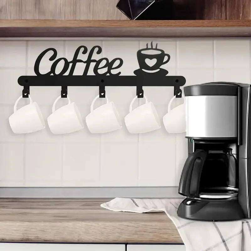 Coffee Cup Holder, Wall Mounted Coffee Mug Organizer, Wall Mount Design, Rustic Metal Cup Holder with Multi-functional Hooks for Coats, Keys & Accessories, Wall Mounted Shelf, Decoration