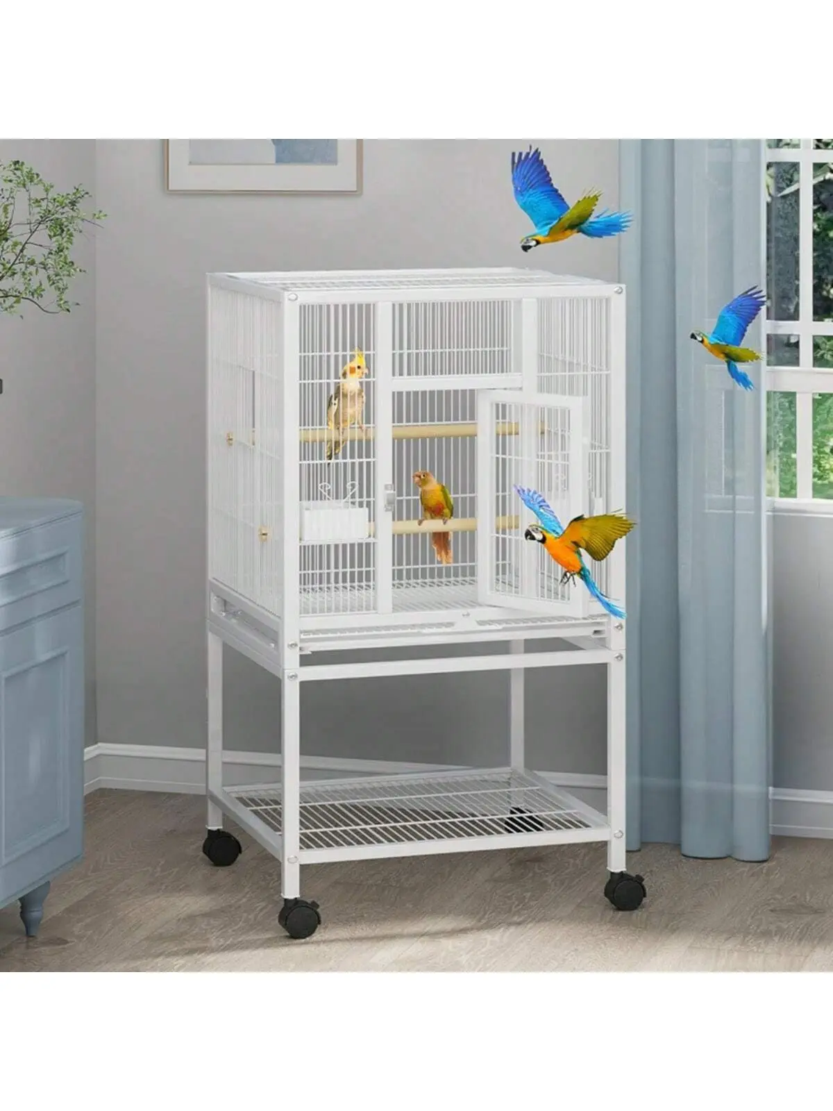 Gaomon 41-in Reinforced Coated Wrought Iron Large Size Bird Cage - Indoor Pet Furniture with Metallic Finish, Rolling Stand with Brakes, Removable Tray for Quick Slide Clean, Food Box, Wooden Perches, Locking Door Safe for Multiple Birds