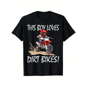 Youngsters' Off-Road Motorcycle Graphic T-Shirt - Soft Cotton, Breathable & Comfortable Short Sleeve for Boys and Girls, Fun "This Boy Loves Dirt Bikes" Design, Perfect Gift, Black Casual Youth Shirt, Youth Adventure Clothing |   Fun Youngsters Fashion