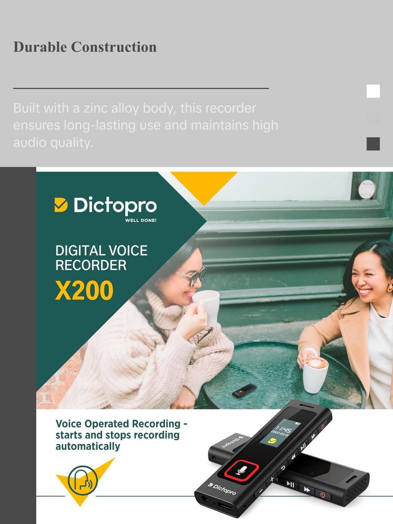 Dictopro X200 Digital Voice Recorder - Portable and Durable Metal Construction - Audio Microphone Automatic