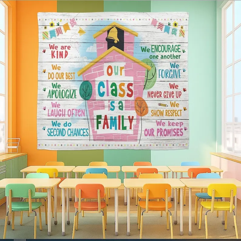 Our Class Is A Family Tapestry Rustic Classroom Rules Decor Educational School Banner Back To School Backdrop Elementary Teacher Gift