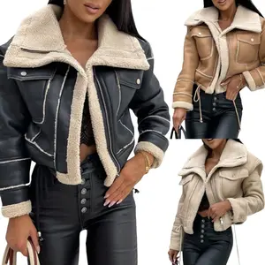 Women Faux Fur Leather Jacket Faux Fur Open Front Casual Furry Collar Short Parka Coat Warm Cardigan with Belt