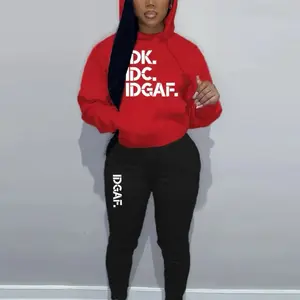 Womenswear Letter Print Two-Piece Set - Long Sleeve Kangaroo Pocket Hoodie & Workout Jogger Pants with Red and Black Colors - Clothing Style
