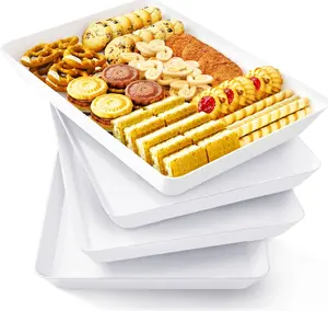 4 Pack Serving Trays for Party Food, Reusable Plastic Serving Platters for Snacks, Fruit, Charcuterie & Appetizers, BPA Free Catering Food Trays for Hosting & Events, White