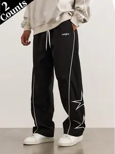 Men's Black & White Colorblock Star Print Sweatpants Loose Straight Fit with Drawstring Waistband for Casual Comfort and American Street Style - Menswear, Classic,summervibes