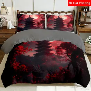 2/3 Pcs 2D Flat Japanese Pagoda and Red Moon Milk Velvet Duvet Cover Set Red Pagoda and Moon Bedding Set Quilt Cover 1 Duvet Cover + 1/2 Pillowcases Red Pagoda Moon Top Sheet Decorative Bedding Bedroom Decor The Preferred Pick for Bedding