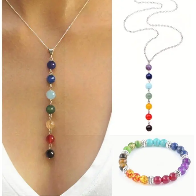 Rainbow Lava Stone Yoga Bracelet & Necklace Set, Colorful Beaded Charm Jewelry for Meditation & Daily Wear