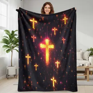 Glowing Cross Fleece Blanket - Religious Spiritual Cross Graphic Blankets, Wrinkle Resistant, Durable, Breathable, Super Soft Plush Warm Lightweight, General Use for Adults, Ideal for Church Prayer, Home Worship, Bed/Sofa Decor Gift