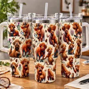 Highland Cow Coffee Cup (40oz/30oz/20oz) Cute Furry Ox Pattern Double Wall Stainless Steel Insulated Leak Proof Keeps Drinks Hot and Cold Great for Office Travel Camping Birthday Holiday Gift Everyday Use