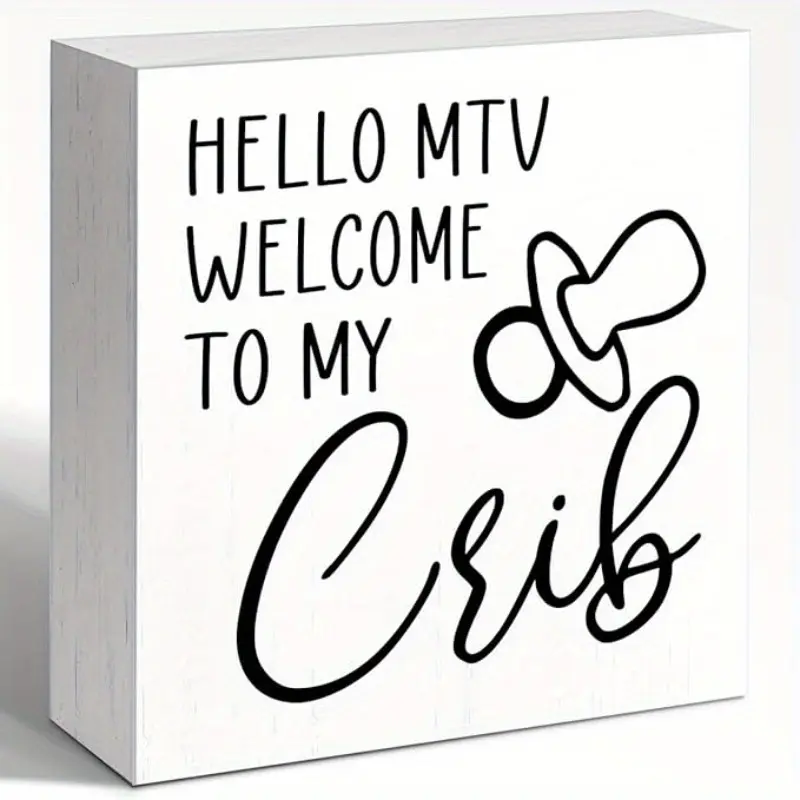 Hello MTV Welcome To My Crib Sign, Home Living Dining Room Wood Box Sign Decor, Retro Baby Room Shelves Decor, Housewarming New House Gift 5x5 INCH