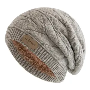 New Unisex Beanie Hats For Men & Women Outdoor Ski Sports Winter Hat Letter Label Decor Plush Fur Lined Warm Knitted Hat