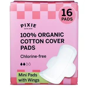 Pixie Organic Cotton Ultra Thin Mini Pads for Teens - Liners with Wings - Light Absorbency Menstrual Pads - Hypoallergenic, Unscented & Biodegradable for Feminine Care - FSA Eligible - 16 Count