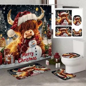 4pcs Merry Christmas Highland Cow, exquisite shower curtain set, non-slip floor mat, U-shaped carpet, toilet lid cover, perfect for bathroom decoration, partition, beautify space, free 12 shower curtain hooks