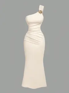 Women's Ivory One Shoulder Bodycon Maxi Dress, Ruched Formal Dress, Gold Brooch Evening Gown, Wedding Guest Dress