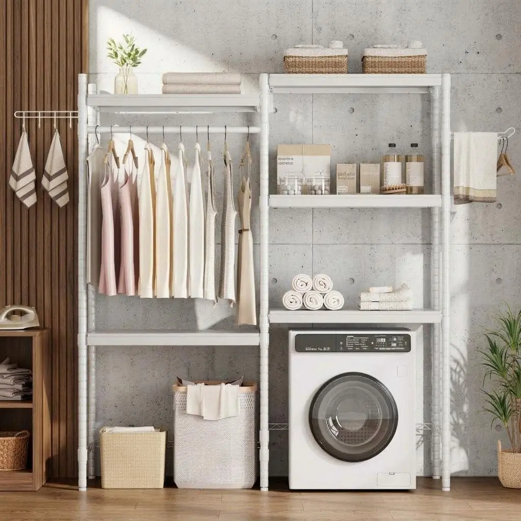 GARVEE Laundry Room Organization and Storage 5-Tier Over-the-Washer Storage Shelf Adjustable Height Laundry Organizer Space Saver Heavy Duty Bathroom Laundry Shelf for Home Storage and Decor