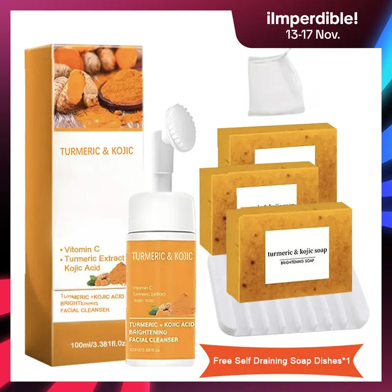 Hydrating Turmeric 3-Piece Wash & Care Set - Facial Cleanser, Cleansing Mousse, Soap, Soap Dish for Normal Skin Face & Body Deep Cleansing