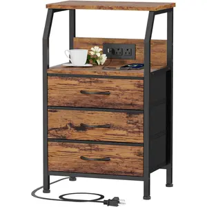 Tall Nightstand with Charging Station – 28'' Rustic Bedside Table with USB Ports, Outlets & 3 Drawers for Bedroom or Small Spaces End Farmhouse Set Narrow