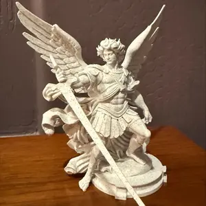 3D Print Marble Finish Saint Michael Statue - Elegant Angelic Winged Figurine with Sword, Cool Room Decor for Home Interior Decoration