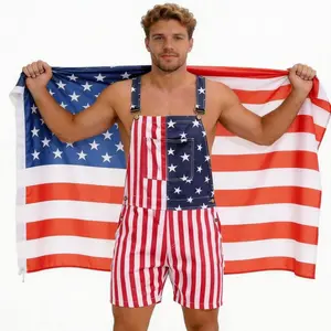 Red White Blue American Flag Short Overalls for Couples Soft Stretch Fabric Sleeveless Romper Lightweight Patriotic Outfit for 4th of July Beach Days Camping Road Trips Memorial Day Events