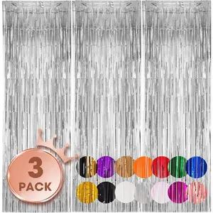 3 Pack 3.3x8.2 Feet Silver Foil Fringe Backdrop Curtains, Tinsel Streamers Birthday Party Decorations, Fringe Backdrop for 2025 New Years Eve, Graduation, Shower, Gender Reveal