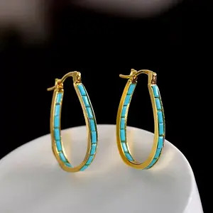 LisiZen New Arrival French Style Circle Turquoise Earrings Ins Unique Design Simple Copper Hoop Earrings for Women DZEH5639