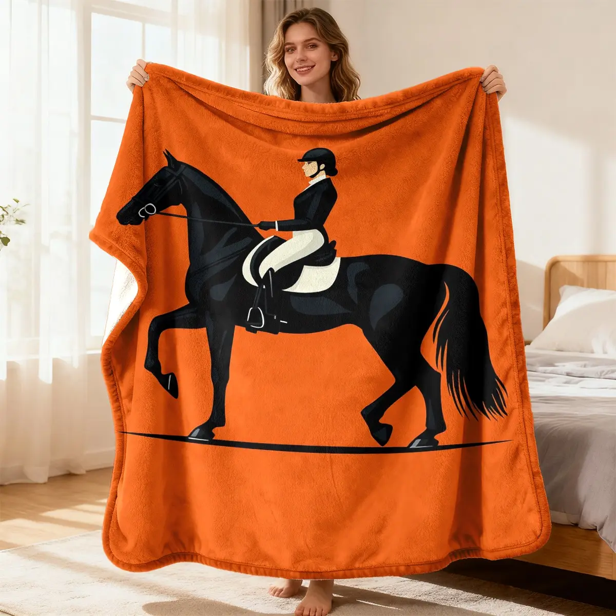 Equestrian Horse & Rider Blanket - Black Horse Ultrasound-Pressed Flannel Throw with Orange Background, Cozy Warm Bedspread for Sofa or Bed - Elegant Horse-Themed Decor for - Use, Suitable for Horse Lovers-280GSM