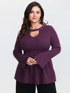BloomChic Women's Lady Long-Sleeve Knit Top - Butter-Soft Polyester Fabric, High-Stretch Fitted Pullover, Deep Purple, Neck Cut-Out, Flared Sleeves, Flat Bodycon Garment Fit Shirts Swimweek