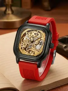 A men's red adhesive tape black and gold face square hollowed-out engraved fashion business personalized fully automatic mechanical wristwatch
