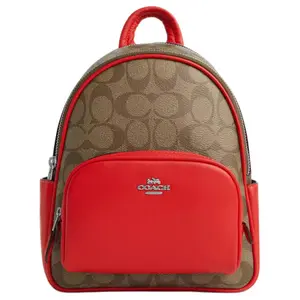 COACH Court 19 Classic Monogram Dual-Zip Backpack for Women – Silver and Khaki Coated Canvas with Smooth Leather