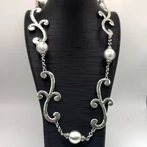 Brighton Bellows Silver-Tone Necklace Ornate Scrollwork Faux Pearl Beads 22" NEW