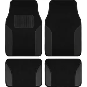 Car Mats, Carpeted Floor Car Mat with Faux Leather & Built-in Heel Pad, Two-Tone Car Rug Floor Mats, Stylish Carpeted Floor Mats for Cars, Trucks & SUVs Bl