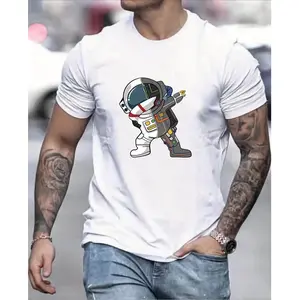 Space Themed Cotton Tee For Men Featuring Vibrant Astronaut Print Comfortable Round Neck Short Sleeve Perfect For Summer Wear And Casual Outings