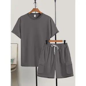 Men's Solid Color Tee & Drawstring Waist Shorts Loungewear Two-piece Set, Regular Fit Breathable and Soft Casual Comfy Round Neck Short Sleeve T-shirt & Pocket Shorts Pj Set, Pajama Set, Men's Sleepwear for Summer