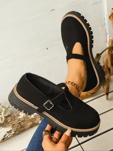 Women's New Velvet Mary Jane Shoes, Vintage T-Strap Buckle Design, Thick Rubber Sole Height Increase, Versatile Style, Casual Streetwear, Walking Shoes