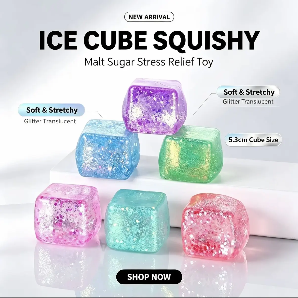 Glitter Ice Cube Malt Sugar Squishy Stress Relief Toy - 5.3cm Translucent Cube Shape Soft Stretchy Unisex Fidget Toy for Adults, Anxiety Relief Birthday Gift