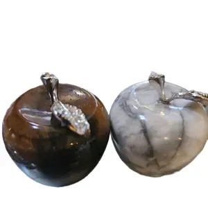 Beautiful Small Assorted Crystal Apple Carving with Silver Colored Stem Leaf Accessorized with Clear Crystal Decorative Item Natural Rhodonite Stone 1.38 Inches Wide