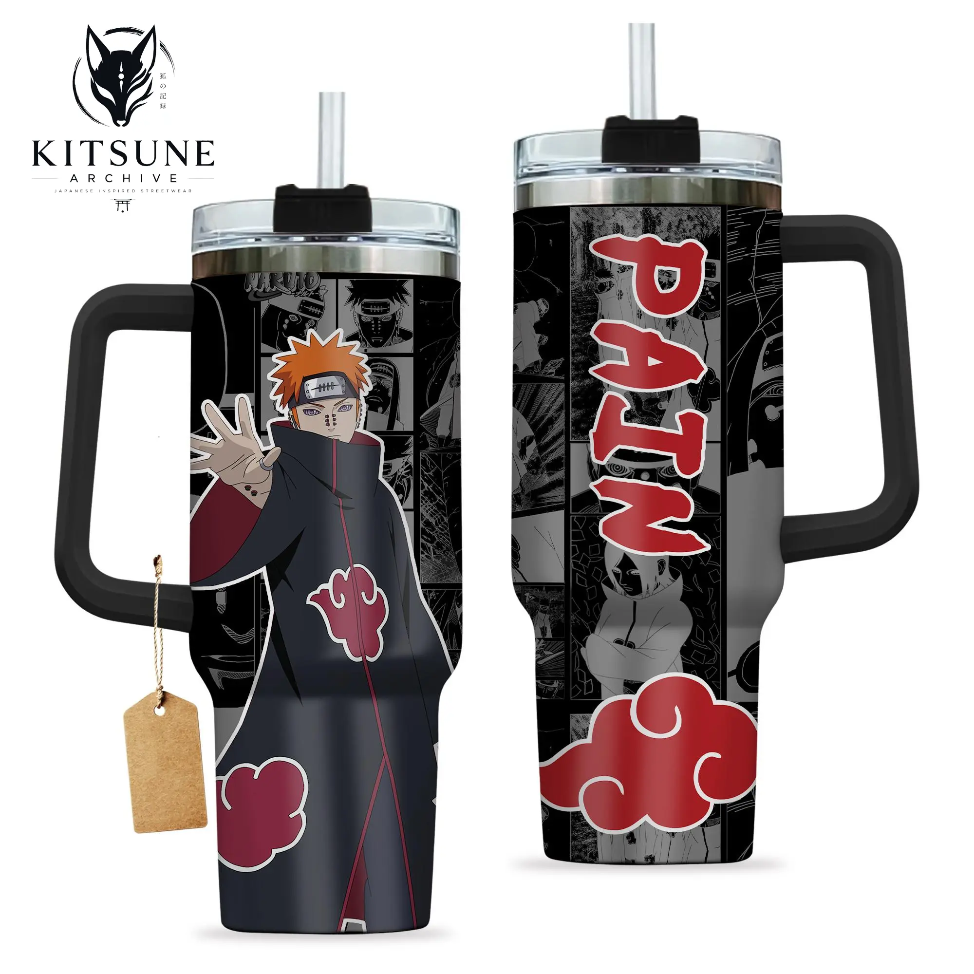 [Kitsune Archive] Pain Deva Path Tumbler, NRT Shippuden Akatsuki 40oz Cup with Handle, Anime Fan Gift, Pain Tendou Inspired Insulated Tumbler Featuring Epic Red Cloud Design