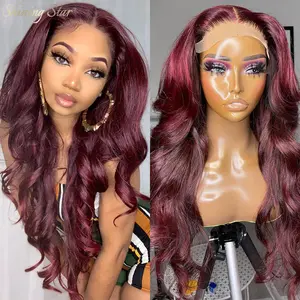 【Blend】Dark Burgundy Human Hair Wigs Body Wave 13X6 13X4 Hot Red Lace Front Wigs Pre Plucked Wear And Go 9X6 Glueless Wigs Colored Lace Frontal Wigs For Women 34Inch