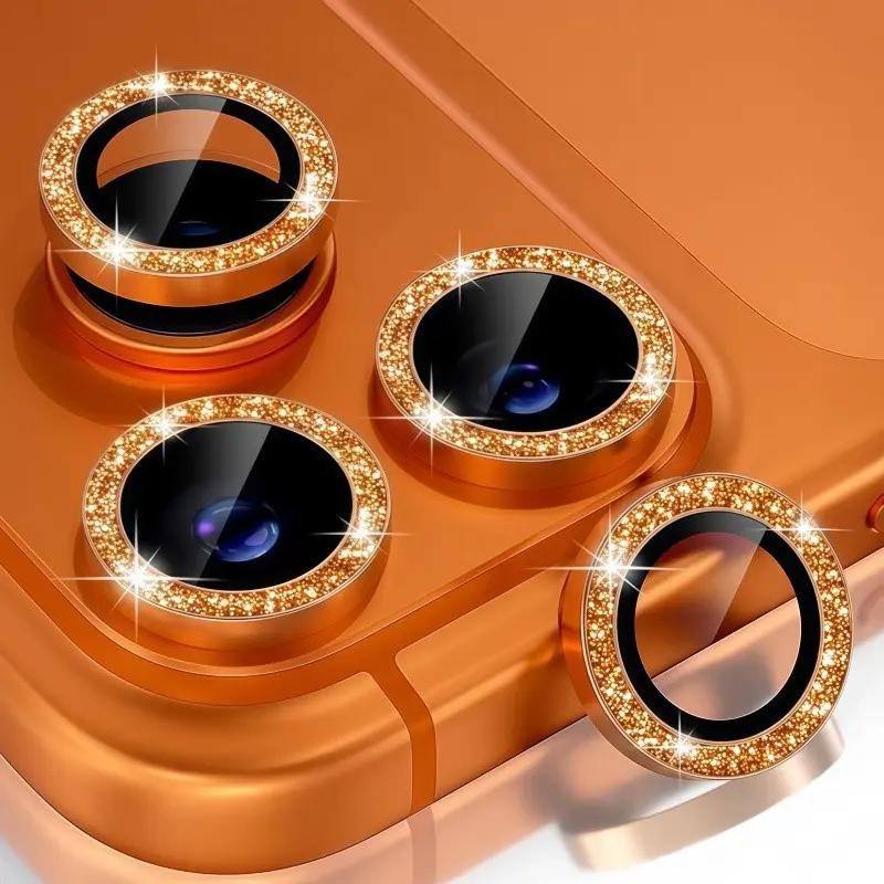Glittery Protective Smartphone camera lens protector for iPhone 17, 16, 15, and 14 series; scratch-, drop-, and shockproof tempered glass camera lens protector (orange) Cellphone Protection Accessories.