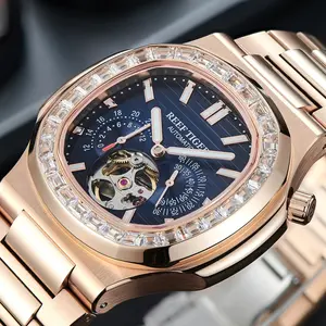 Reef Tiger RT Men's Luxury Watch Square Diamond 24-Hour Tourbillon Luminous Rose Gold Automatic Mechanical Bracelet Watches