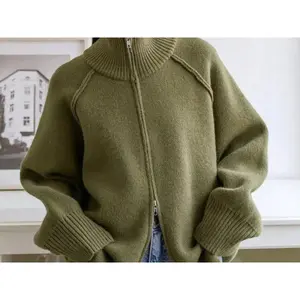 2025 Women Stand Collar Long Sleeve Sweater Coat Zip Design Thick Knitted Cardigans Clothes Tops For Women Sweater